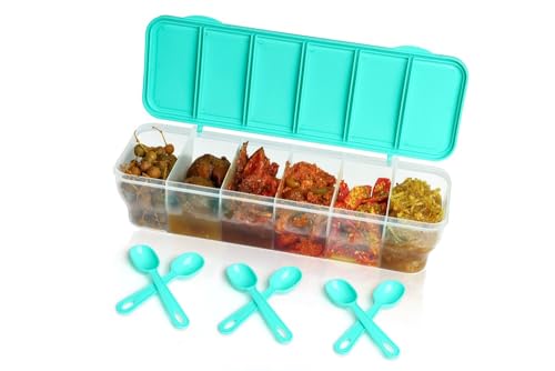 Image of TASTIC Multipurpose 6-Compartment Spice and Dry Fruits Storage Container Box with Lid and Spoons, | 1800 ml Transparent Pickle Box | Spice Organiser For Home, Hotel & Restaurant (PISTA)