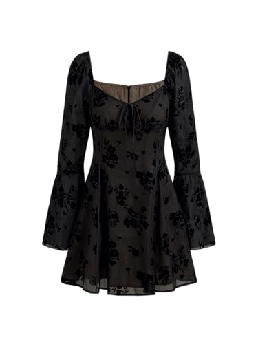 CIDER Dresses for Women Mini Dress Floral Lace Sweetheart Long Sleeve High Waist Party Cocktail Elegant