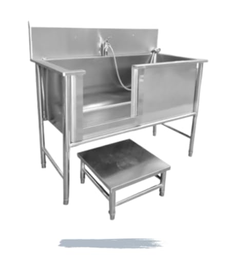 LumingLightプロ仕様のステンレススチール製犬用グルーミングバスルームステーション、スツール付き犬用バスタブ (100*60*90cm,40cm deep)