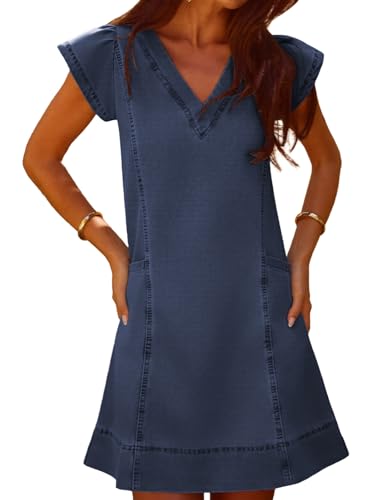 YUNDAI Womens Denim V-Neck Short Sleeve Mini Dress with Pockets Summer - image 1
