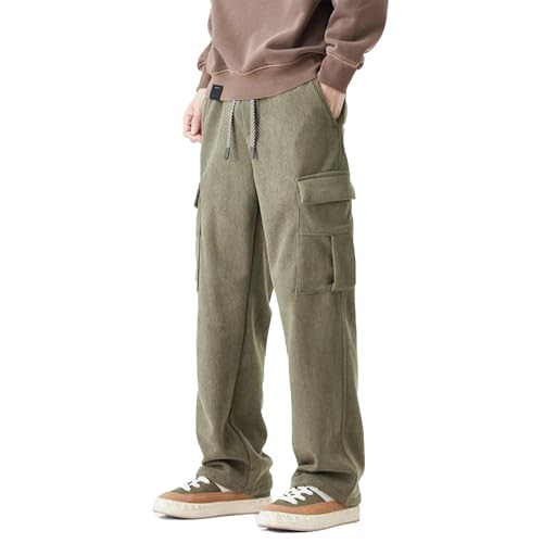 Mens Sweatpants Corduroy Fleece Open Bottom Straight Leg Cargo Casual Athletic Winter Warm Pants with Multi Pockets