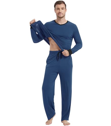 Image of NACHILA Pajamas for Men-Viscose Made from Bamboo, Long Sleeve Pajamas Set Comfy Sleepwear Pants Soft V Neck Pjs with Pockets