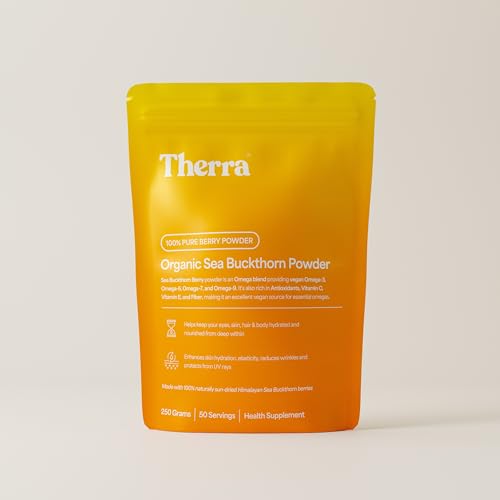 Image of Therra Sea Buckthorn Powder - 250g | 100% Pure & Organic Sea-Buckthorn | Natural Immunity Booster with Omega 3-6-7-9 | Strong Antioxidant for Skin Glow, Gut & Heart Health | Rich in Vitamins, Fiber & Phytonutrients | Naturally Dried