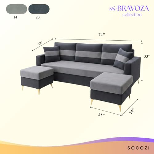 Image of SOCOZI Bastian 5 Seater L Shape Sofa Set with 2 Movable Ottomans | Flexible Layout| Soft Velvet Suede Fabric|Modern Sofa with Golden Legs|Comfort Cushions for Living Room (Light Grey-Dark Grey)
