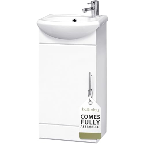Balterley Vanity Unit with Basin Floor Standing Soft Close Single Door with Curve Sink and Handle Bathroom Vanity Units with Basin Bathroom Sink Storage Cabinet - 400 x 200 x 780mm (White)
