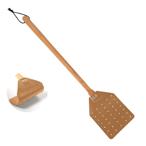 Matamoscas de Cuero, 49,5cm de Largo Resistente Matamoscas Manual con Mango de Madera Atrapamoscas para Interior y Exterior (Marrón)