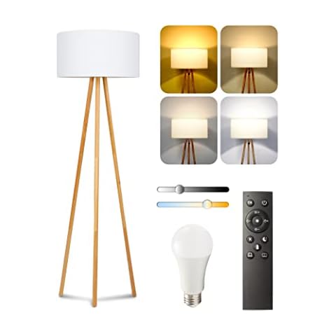 Atlaz Stehlampe wohnzimmer led dimmbar, stufenlos Farbtemperatur ändern, inkl. E27 Glühbirne und Fernbedienung, Stoffschirm in weiß, Stativ aus Holz Cover