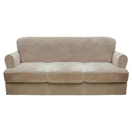 CUCRAF T Cushion Sofa Cover 4 Piece Slipcovers, Soft Thick Velvet Couch Cover for Living Room, Washable High Stretch Furniture Protector with 3 Cushion Slipcover, (Sofa, Khaki)