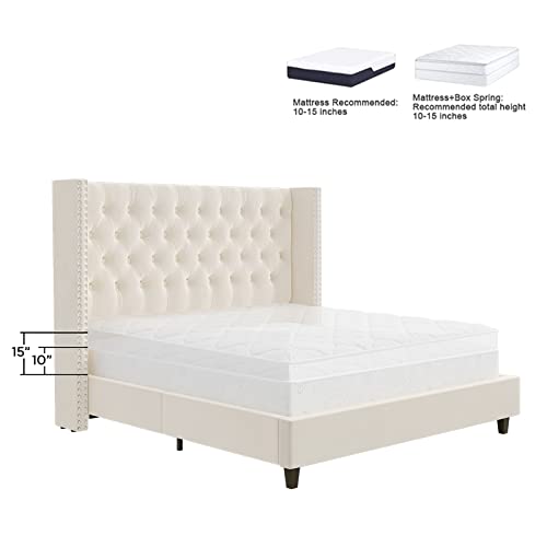 Jocisland King Size Platform Bed Frame Velvet Upholstered Bed Deep Button Tufted Wingback Headboard/No Box Spring Required/Wood Slat Support/Easy Assembly/Cream #TOP4