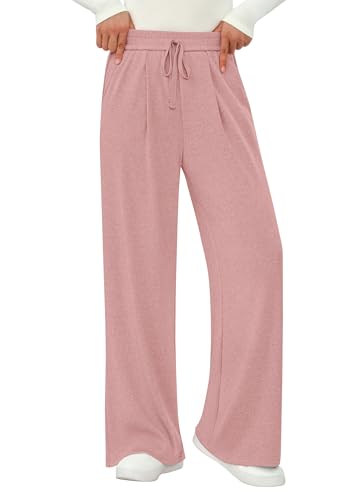 PRETTYGARDEN Women's Wide Leg Pants 2026 Fall Clothes Elastic High Waisted Knit Lounge Palazzo Pant Trousers with Pockets (Pink,Small) — view 5