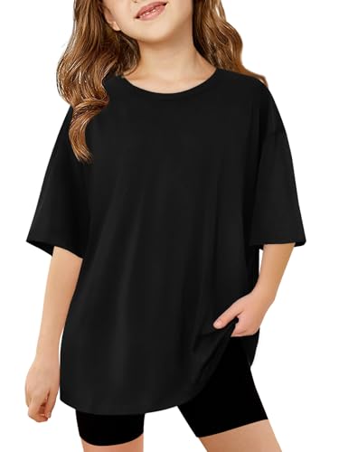 Haloumoning Mädchen T-Shirt Kurzarm Kinder Sommer Oversized Tops Rundhals Lässige Oberteile Freizeit Sport Shirts Einfarbig Basic Tshirts für Mädchen 5-14 Jahre Schwarz 160