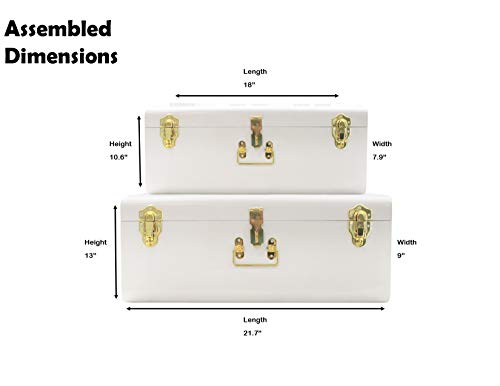 Zanzer White Trunks Set Of 2 - Vintage Style Storage W/Gold Finish Handles & Locks - Space Saving Organizer Home Dorm & Office Use #TOP1