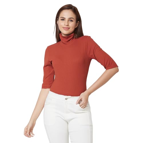 Image of Spykar High Neck 3 /4Th Sleeve Solid Slim Fit T-Shirt for Women