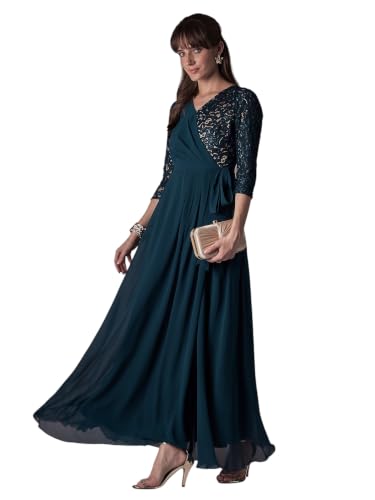 Image of Miss Chase Women's V-Neck Full Sleeve Self Design Lace-Overlaid Georgette Maxi Dress