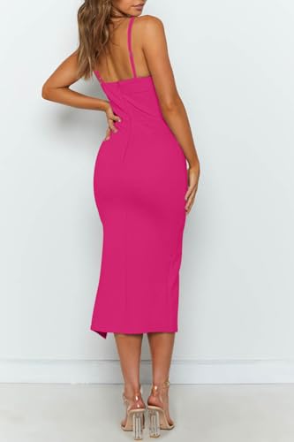 Image of OWIN Women's Adjustable Spaghetti Straps Sleeveless High Waist Split Midi Bodycon Cocktail Party Dress