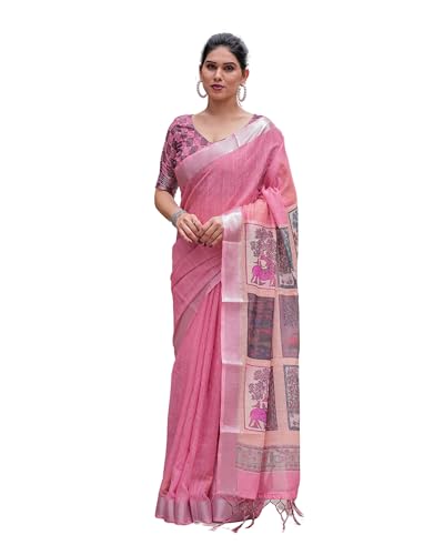 Image of Kaugalian store Linen Cotton Floral Printed Saree for Women with Unstitched Blouse Piece | 5.5 M Saree & 0.8 M Blouse