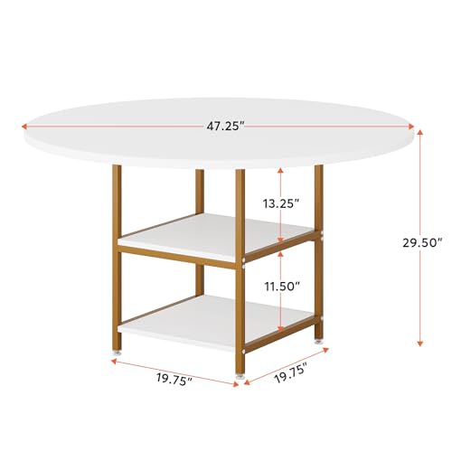Tribesigns 47 Inches Dining Table Kitchen Tables for Dining Room, 4 People Round Dinner Table with Storage Shelves for Dinner Room Kitchen Living Room, White Gold(Only Table)