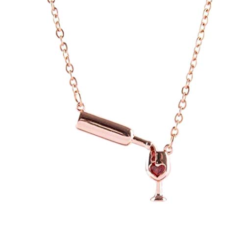1pc Bouteille en Verre De Vin Rouge Collier Pendentif pour Femmes Filles Aiment Le Vin Collier De Coeur pour Les Amoureux Petite Amie Bijoux Cadeau (Or Rose) Cover
