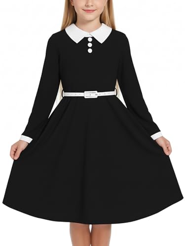 JiAmy Vestidos para niñas vestido vintage de manga larga con cinturón vestido de fiesta para niños de 5 a 12 años, Negro , 8-9 años