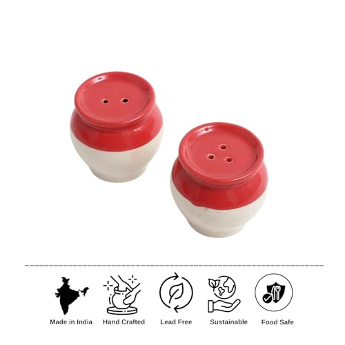 Image of VarEesha Red White Handi Ceramic Salt n Pepper Set for Dining Table Used as Namak Dhani, Shaker, Sprinkler for Home, Kitchen and Restaurant
