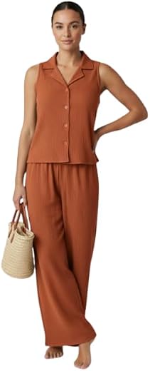 THE PLAIN THEORY Brown Sleeveless Shirt and Palazzo Co-ord Set – Solid Polyester V-Neck Casual Wear for Women, Stylish &amp; C...