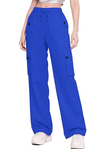 Image of Betusline Girls & Women's High Waist Wide Leg Cargo Pants Y2K Parachute Pants with Pockets and Drawstring 6 Years-Women 2XL