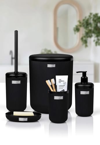 Badezimmer Zubehör Badezimmer Zubehör Set Luxus Modern Bad Zahnbürstenhalter Becher Qtip Halter Toilettenbürste Seifenschale Mülleimer Seifenspender (5er Set, Schwarz)