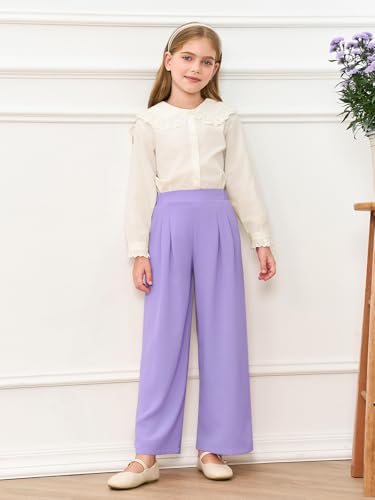 Image of Haloumoning Girls Uniform Pants Kids Wide Leg Dress Pants 5-14 Years | High Waisted, Casual Trousers, With Pockets