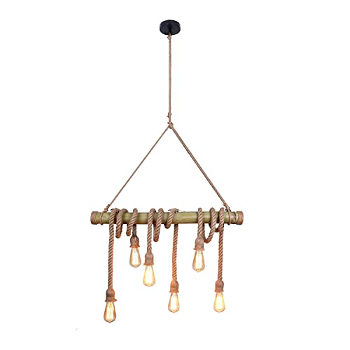Unitary Farmhouse Pendant Lights Kitchen Island, Kitchen Light Fixtures, Rustic Dining Room Light Fixture With 6 E26 Bulb Sockets, Rope And Bamboo Chandelier, Ceiling Pendant Light Fixtures, Hanging #TOP2