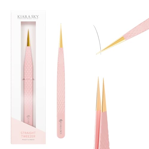KIARA SKY LASH Tweezer for Eyelash Extensions | Precision Fiber Tip Grip | Volume, Mega Volume, and Lash Removal Fills | Comfortable Ergonomic Design | Pink and Gold, STRAIGHT TWEEZER