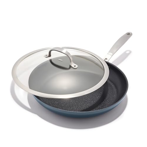 Image of OXO Enhanced 12” Nonstick Frying Pan Skillet with Lid, Ceramic PFAS-Free Cookware, Durable Hard Anodized, Scratch Resistant, Stainless Steel Handle, Eggs & Omelets, Dishwasher & Oven Safe, Storm Blue