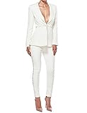 UONBOX Women's Cut Out 2 Pieces Slim Fit Blazer Jacket and Pants Suit Set (L, White)