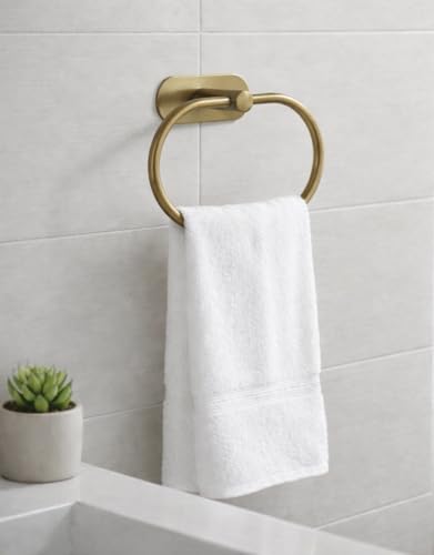 Image of Oslen Magic Sticker Towel Ring Holder for Bathroom - Self Adhesive Wall Mount Hand Towel Hanger Without Drilling, Brushed Antique Brass Gold Finish, Rustproof Stainless Steel (Pack of 1)