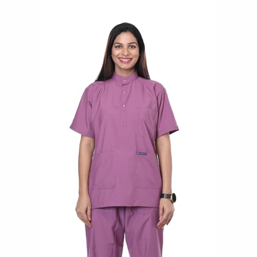 Image of Women's 5-Pocket Scrub Suit | Set of Top & Pant | Half Sleeves | Mandarin Collar | Breathable Polyviscose Fabric | Comfortable | Durable | Uniform for Doctors Nurse & Dentist PNK 5XL