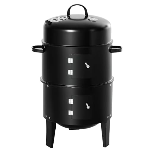 Outsunny Vertical Charcoal BBQ Smoker, 3-in-1 16" Round Charcoal Barbecue Grill with 2 Cooking Area, and Thermometer for Outdoor Camping Picnic Backyard Cooking, Black