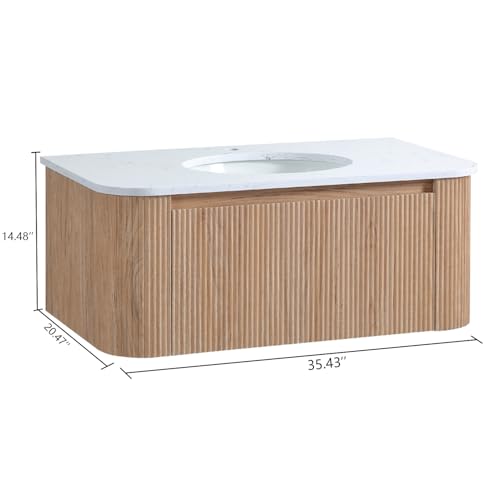 Image of 36 Inch Wall Mounted Bathroom Vanity with Ceramic Sink, Pre-Assembled Floating Vanity Cabinet with Cararra Artificial Countertop, Wave Texture Finish & Drawer, Wood