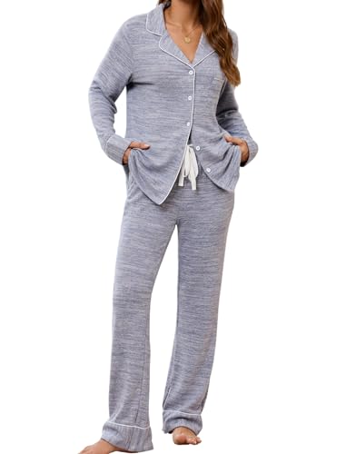 Image of Leikar Button Up Pajama Set For Women Long Sleeve Shirt And Pajama Pants Soft Pjs Lounge Sets