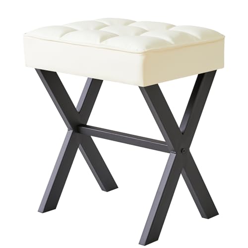 IBUYKE Square Makeup Stool with X-Leg Foot Rest, PU Footrest, Ottoman Seat Vanity Stool, Multi-Use as Small Side Table, for Bedroom, Living Room, White L/G-71W