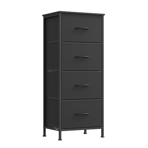 SONGMICS Dresser for Bedroom, Chest of Drawers, Steel, MDF, 4 Non-Woven Fabric Drawers, Storage Organizer Unit, Closet, Entryway, Ink Black and Ebony Black ULGS314B01S