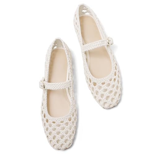 USIMAD Woven Mesh Ballet Flats for Women Square Toe Womens Comfortable Buckle Strap Ballerina Flat Shoes Mesh Dress Flats 9.5 White by USIMAD - Used condition - Image 7