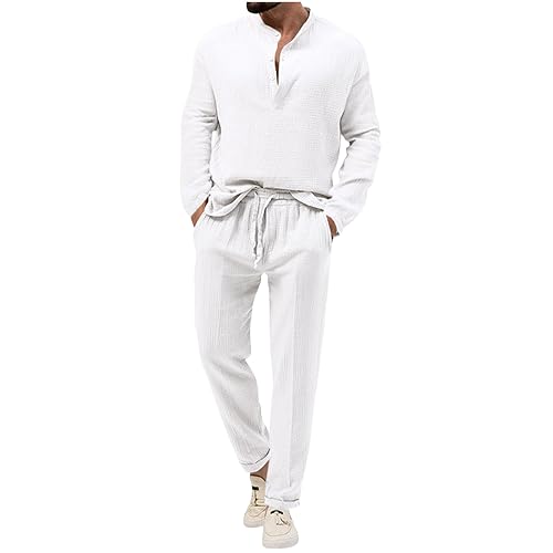 2-teiliges Leinen-Set Herren, Leinenhemd Herren und Leinenhose, Strandurlaub-Outfits Langärm Leinen Hemd mit Knopfleiste Leinen Shirt Elastische Taille mit Kordelzug Leinen Hose für Urlaub Alltag