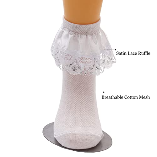 Xiyadun 5 Pairs Toddler Baby & Child Girls Ruffle Lace Ankle Cotton Dress Socks (L For 7-11 Years, Satin White) #TOP2