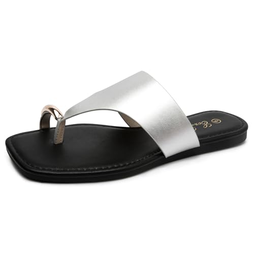 Image of Eozlink Women's Toe Ring Flat Sandals, Slip On Dressy Summer Slides | PU upper with square toe and metal accent for resort and casual outfits