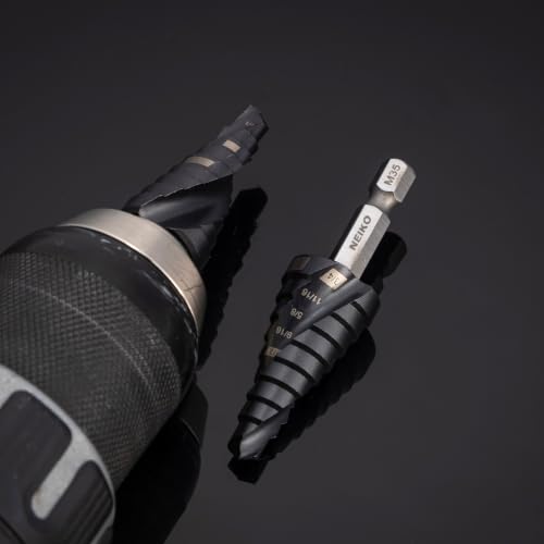 Image of NEIKO 10608B Step Drill Bit, 9 Steps 1 /4 inch to 3 /4 inch Spiral M35 Cobalt, AlTiSiN Coated, 1 /4 inch Quick Change Step Bits for Steel, Metal, Wood, Plastic, Unibit Cone Drill Bits, Two Flute