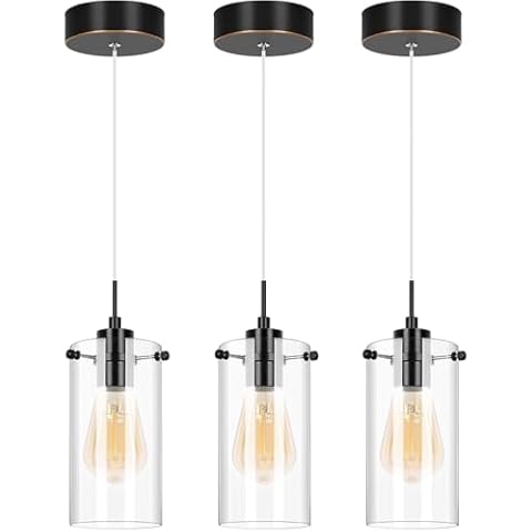 OOOLED Pendant Light Fixtures with Black Farmhouse Chandelier Clear Glass Cylinder, 6W 810LM 2700K Island Lights for Kitchen, Pendant Lights Kitchen Island Decor, 3 Pack Cover