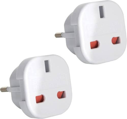 Image of UK to European Travel Plug Adapter, Type G to C, E, F, White, for Spain, Italy, Greece, Turkey, Poland, 2 Pack