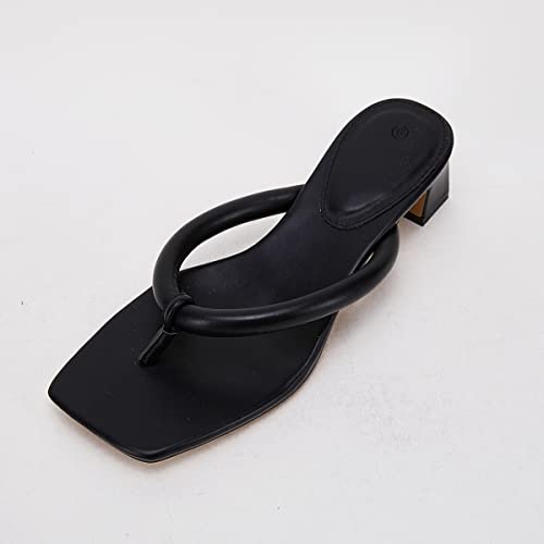 Vetaste Women's Thong Strap Leather Heeled Sandals Block Square-Toe Fashion Casual Slides #TOP3