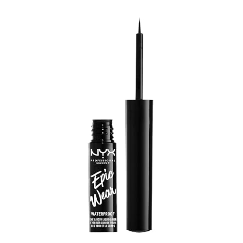NYX Professional Makeup Black Liquid Eye Liner Epic Wear Semi Permanent Liquid Liner Flexible Brush Tip Applicator Intensely Pigmented Shades Waterproof Vegan Formula Shade: Black