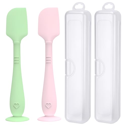 Image of 2 Pack Diaper Cream Spatula with Hygienic Travel Case, Butt Spatula Baby with Suction Base, Baby Butt Paste Spatula, Soft Silicone Diaper Rash Cream Applicator Large Size (Green & Pink)