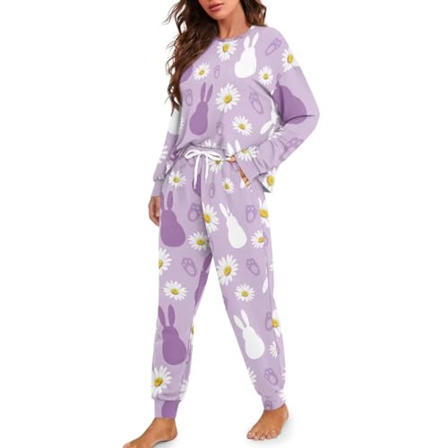 Image of Womens Lounge Set Long Sleeve Soft Pajama Sets Casual 2 Piece Pj Outfit Crewneck Sleepwear with Pockets Plus Size